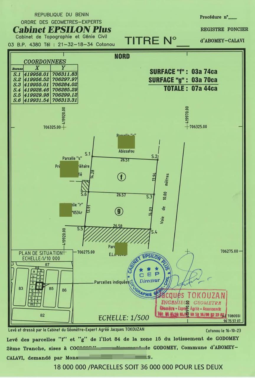 2 PARCELLES DÉJÀ LOTIES ET RECASÉES À VENDRE, COCOCODJI